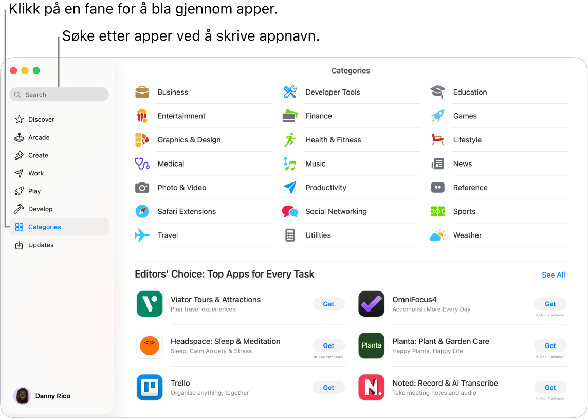 App Store-vinduet med søkefeltet og kategorier for apper.