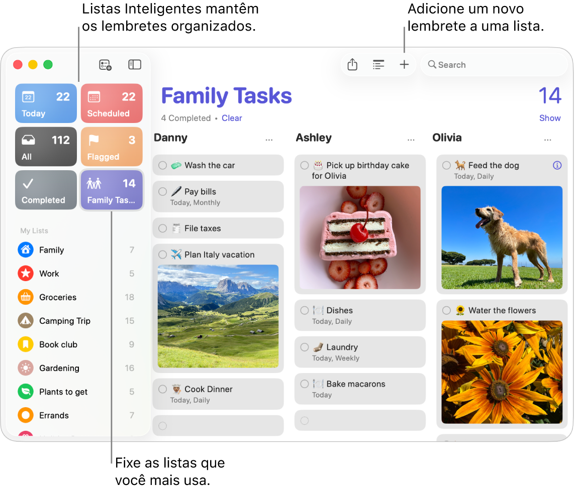 Janela do Lembretes com listas inteligentes à esquerda e outros lembretes e listas à direita.