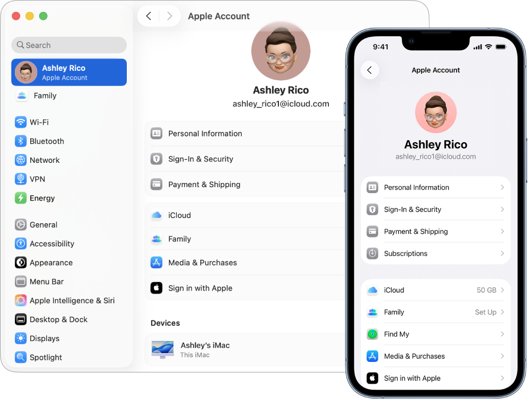 Definições de iCloud num iPhone e Mac.
