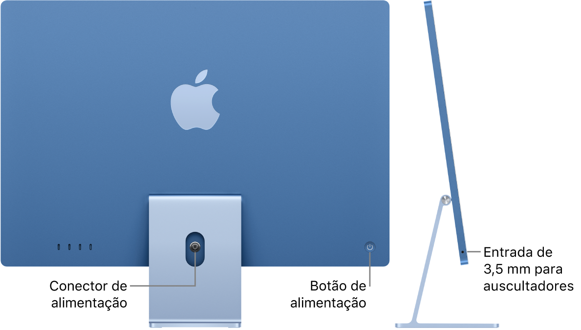 Vista traseira do iMac a mostrar o conector de alimentação e o botão de alimentação. Ao lado, encontra-se uma vista lateral que mostra a saída para auscultadores.
