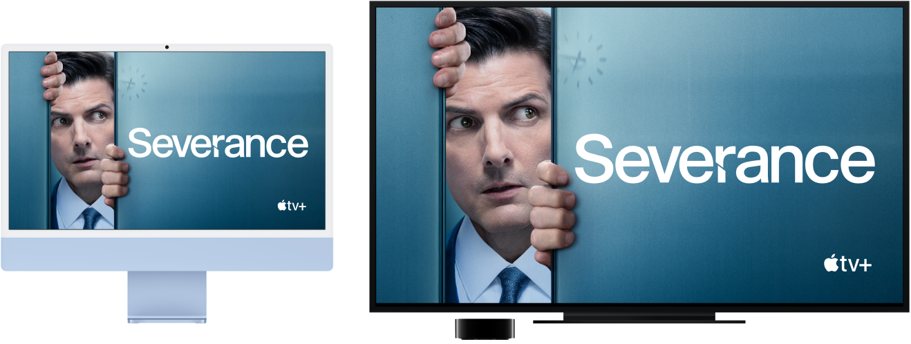 Un iMac având conținutul oglindit pe un HDTV de mari dimensiuni utilizând un Apple TV.