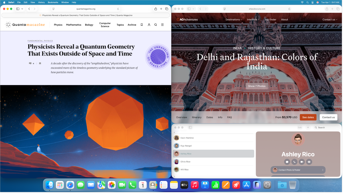 На Mac показаны приложения Safari, «Заметки» и «Сообщения».