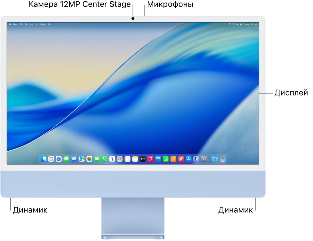 iMac, вид спереди. Показаны экран, камера, микрофоны и динамики.