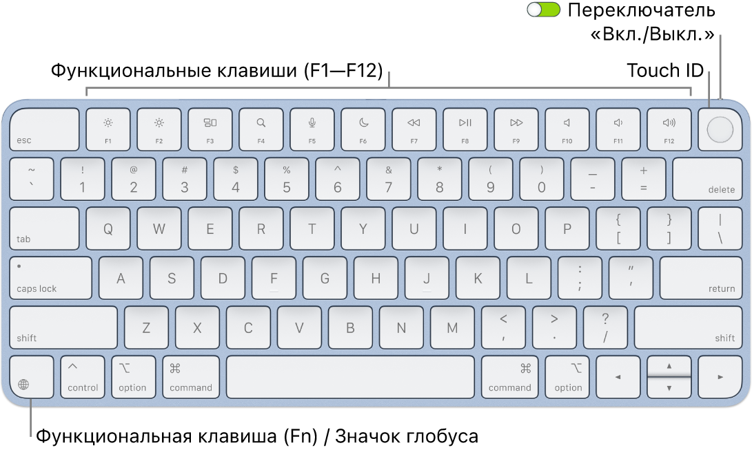 Клавиатура Magic Keyboard с сенсором Touch ID. Показаны функциональные клавиши, сенсор Touch ID вверху и клавиша Function (Fn) / глобуса в левом нижнем углу.