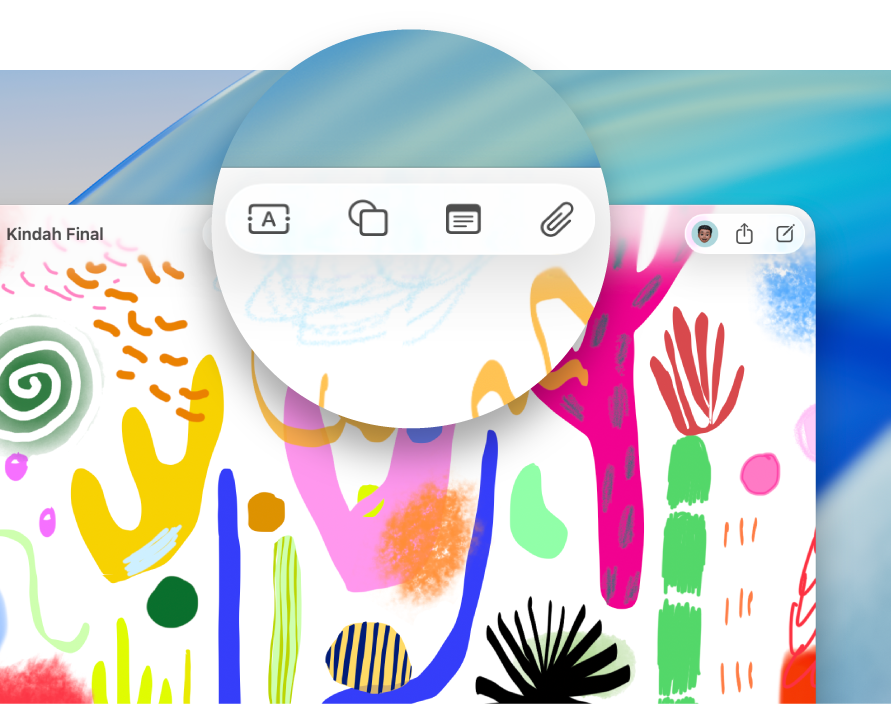 บอร์ด Freeform ที่แสดงแถบเครื่องมือพร้อมด้วยปุ่มต่างๆ ซึ่งช่วยให้คุณสามารถเพิ่มเนื้อหาได้