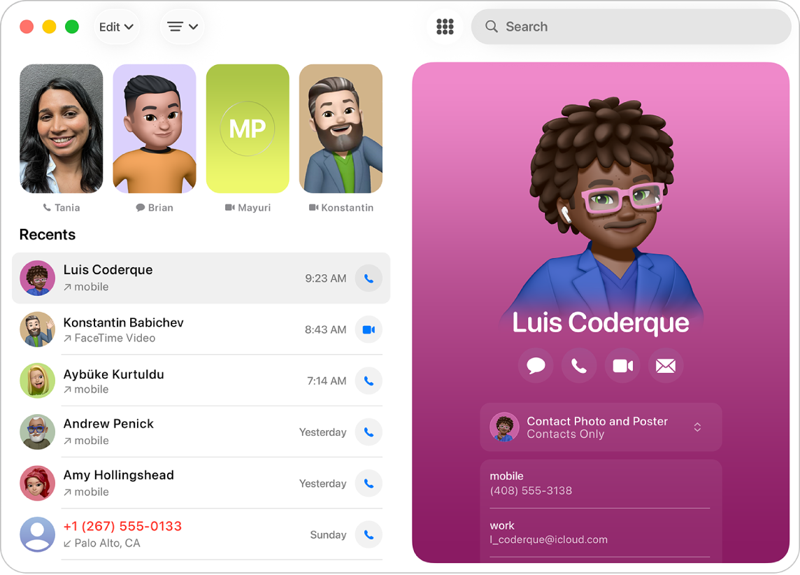 Вікно програми «Телефон» на Mac, де зліва показано список недавніх викликів, а справа — картку контакту.