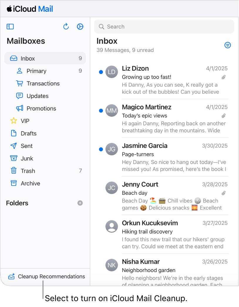 The Cleanup Recommendations button at the bottom of the Mailboxes list.