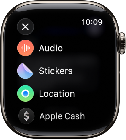 A Messages screen showing showing attachment options such as audio, stickers, location, and images.