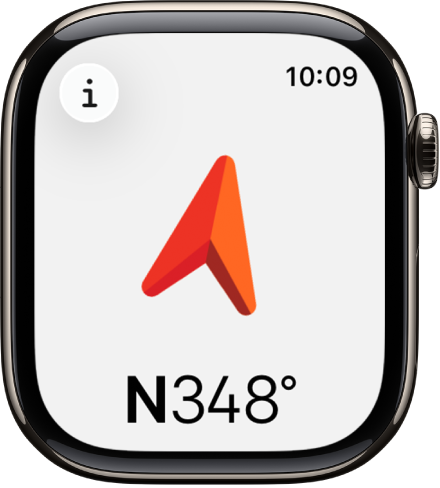 Aplikacja Kompas wyświetlająca dużą strzałkę wskazującą kierunek, który pojawia się poniżej. Przycisk Informacje znajduje się w lewym górnym rogu.