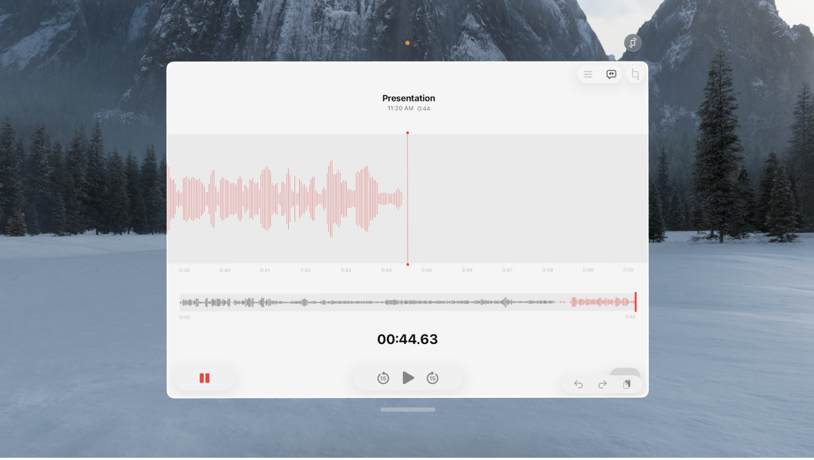 The Voice Memos app on Apple Vision Pro, showing a recording screen.