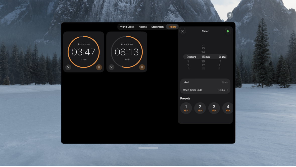 The Clock app on Apple Vision Pro, showing multiple timers running.