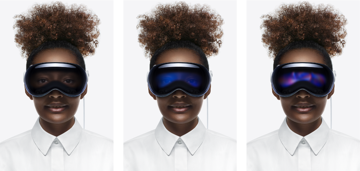 Three views of EyeSight on Apple Vision Pro. On the left, the person’s personalized EyeSight is visible, which lets others know that the person can see them. In the middle, their personalized EyeSight is dimmed to let others know they’re working in apps and may not be able to see them. On the right, their personalized EyeSight is completely hidden to let others know that they’re fully immersed.