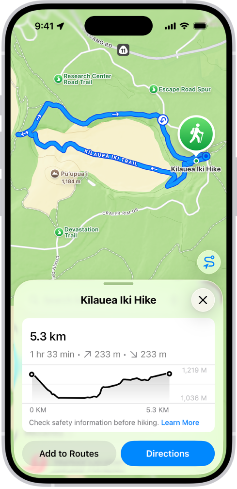 Преглед на преход, който може да се изтегли, с разстояние, профил на височините, изчислено време и опции за запазване или получаване на указания до началната точка на маршрута.