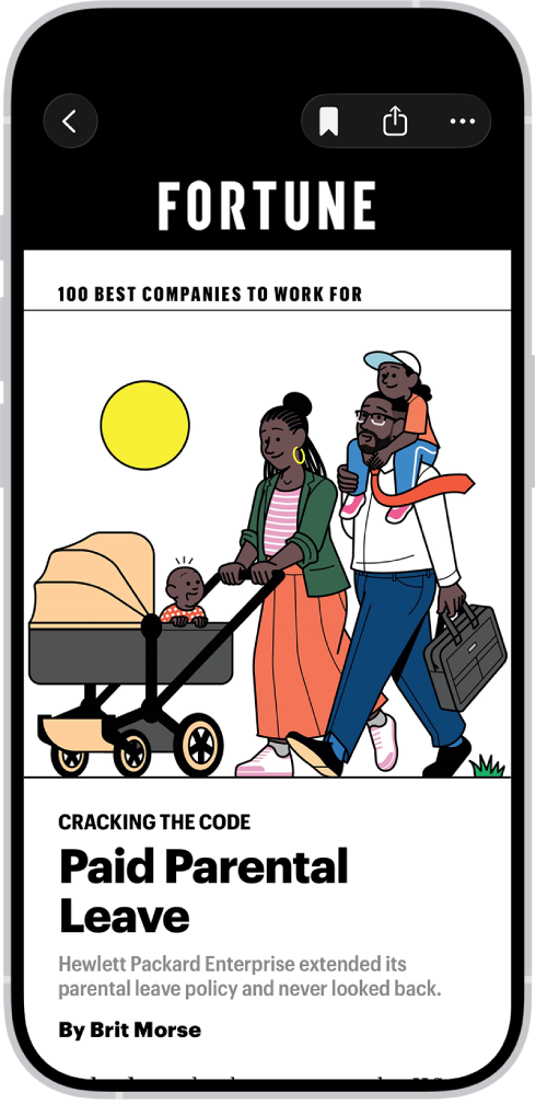 Článek z Apple News. V levém horním rohu obrazovky se nachází tlačítko Zpět, kterým se lze vrátit k obchodnímu zpravodajství. Vpravo nahoře jsou vidět tlačítka Uložit, Sdílet a Více.