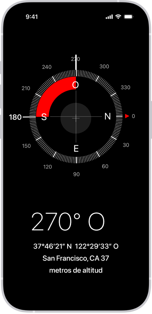La pantalla de Brújula mostrando la dirección en la que apunta el iPhone, así como la ubicación y altitud actuales.