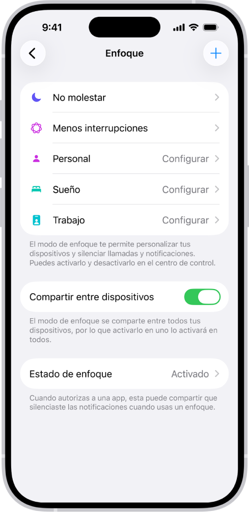 Una pantalla mostrando cinco opciones de enfoque proporcionadas: No molestar, Sin mensajes durante las llamadas, Sueño, Personal y Trabajo. La opción Compartir en todos los dispositivos está activada, que te permite usar la misma configuración de Enfoque en todos tus dispositivos Apple.