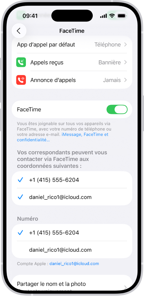 L’écran des réglages FaceTime, affichant le bouton permettant d’activer ou de désactiver FaceTime, ainsi que le numéro de téléphone et l’adresse e-mail à laquelle qui sert à vous contacter.