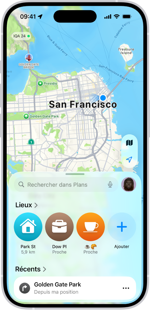 L’app Plans affichant des repères dans Lieux et Récents.