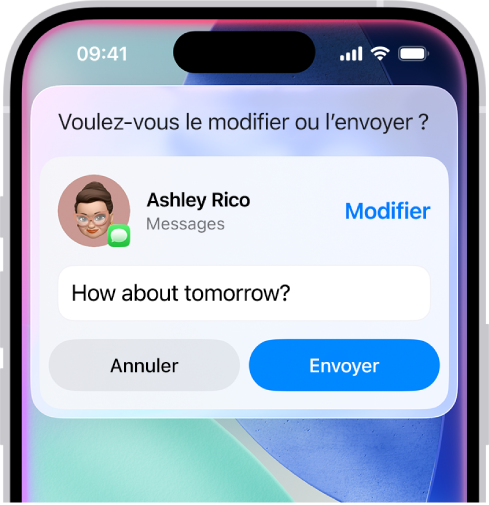 Un iPhone avec une réponse en haut de l’écran sous la forme d’un message texte prêt à être envoyé.