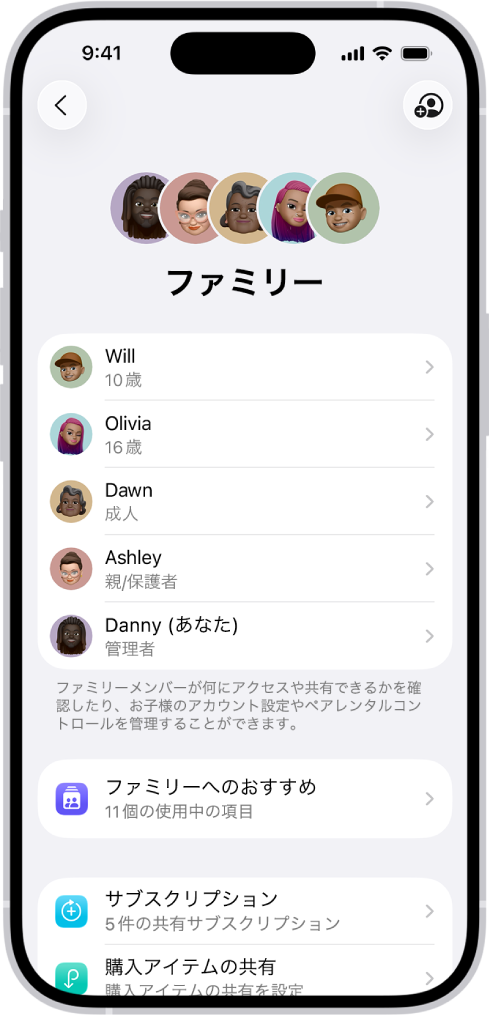 「設定」の「ファミリー共有」画面。5人のファミリーメンバーがリストされており、4つのサブスクリプションがファミリーメンバーと共有されています。