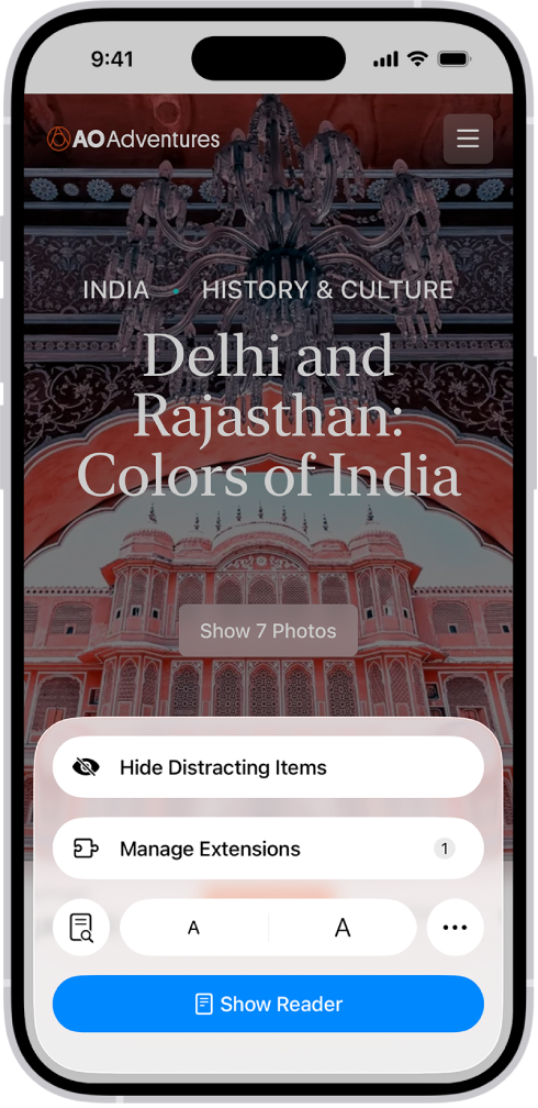 Safariಯಲ್ಲಿ, ವೆಬ್ಸೈಟ್ನಲ್ಲಿನ ಪುಟ ಮೆನು ಬಟನ್ ಅನ್ನು ಟ್ಯಾಪ್ ಮಾಡಲಾಗಿದ್ದು, ಸ್ಕ್ರೀನ್ನ ಕೆಳಭಾಗದಲ್ಲಿರುವ ಎಕ್ಸ್ಟೆನ್ಶನ್ಗಳನ್ನು ನಿರ್ವಹಿಸುವುದು ಸೇರಿದಂತೆ ಇತರ ಆಯ್ಕೆಗಳನ್ನು ತೋರಿಸುತ್ತದೆ.