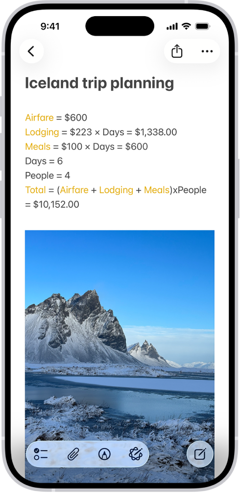 Nota untuk merancang perjalanan, dengan pengiraan perbelanjaan perjalanan dan foto.