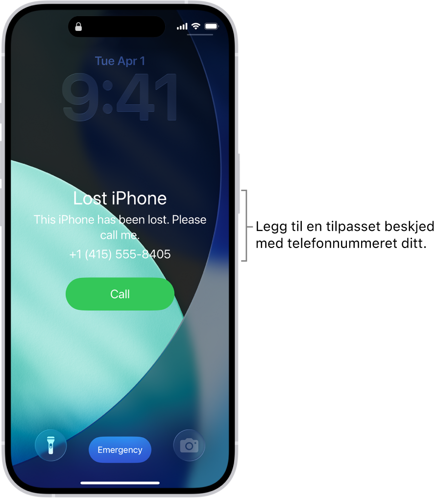 Låst skjerm på iPhone med en melding om mistet iPhone. Du kan legge til en tilpasset melding med telefonnummeret ditt.