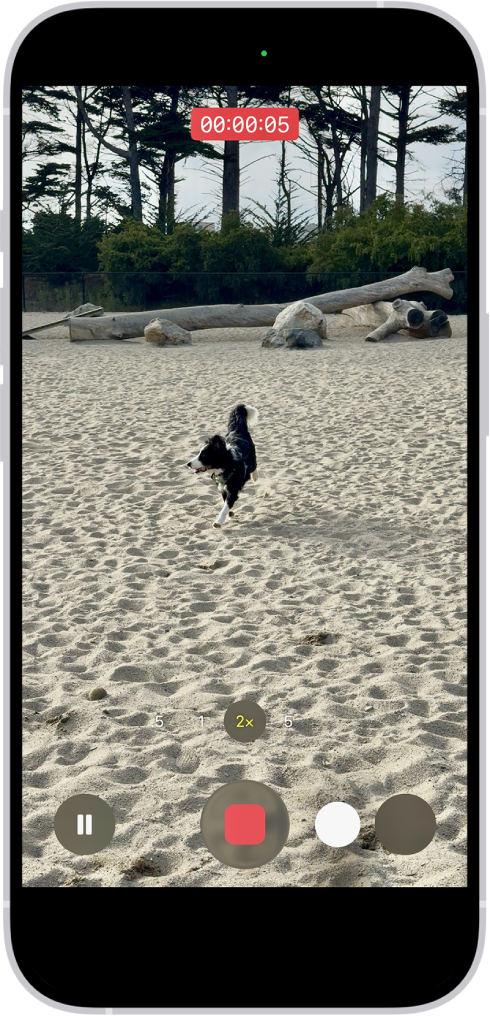 Kamerarammen fyller skjermen. Nederst på skjermen flyttes utløserknappen mot høyre og viser bevegelsen du må gjøre for å starte en QuickTake-video.
