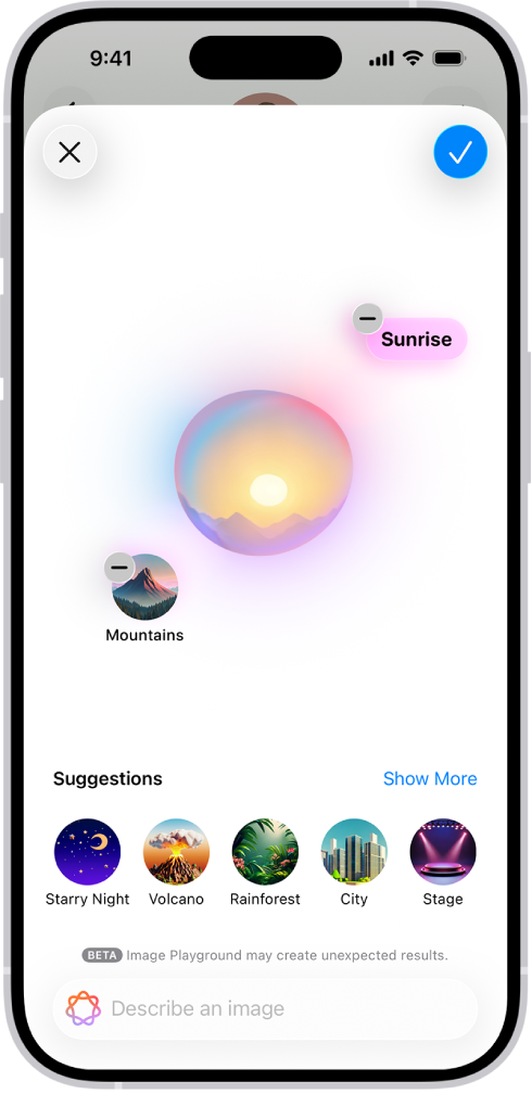 Okno Image Playground w aplikacji Wiadomości pokazujące utworzone tło.