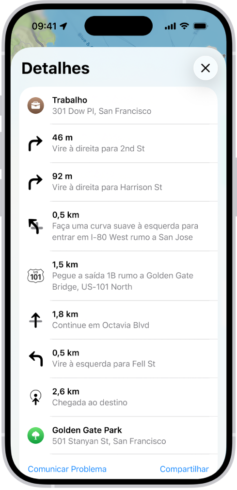 Os itinerários ponto a ponto de uma rota mostrados em uma lista.