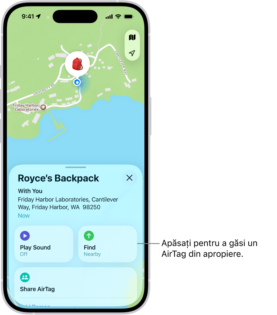 Aplicația Găsire este deschisă, afișând cheile lui Daniel în Golden Gate Park. Apăsați pe butonul Găsire pentru a localiza un AirTag din apropiere.
