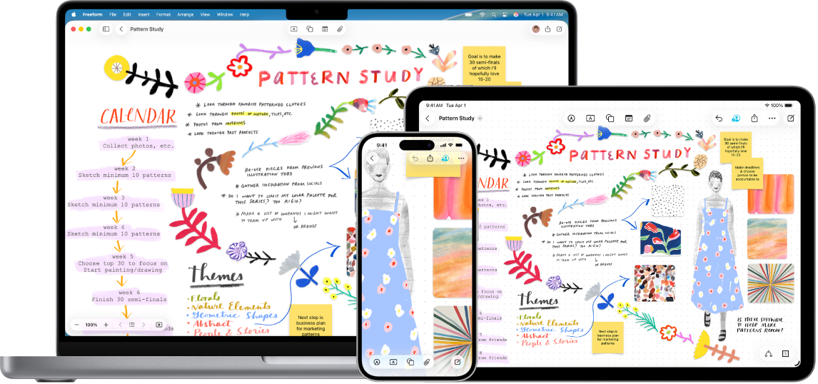 Mac, iPad a iPhone s rovnakou otvorenou nástenkou Freeform.