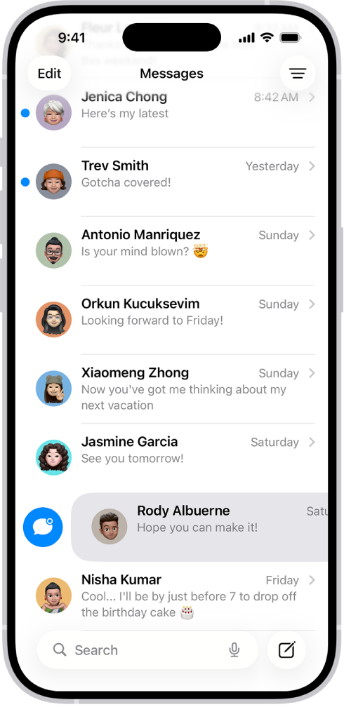 En konversationslista i Meddelanden med två olästa meddelanden och ett som är markerat som oläst.