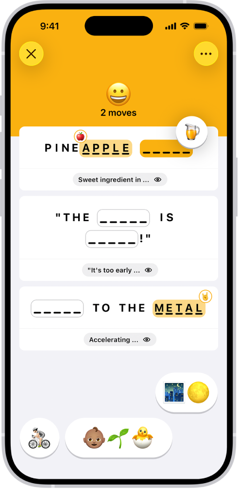 Гра в емодзі; показано кількість ходів, два емодзі поміщено як відповіді, і одне зараз буде поміщено в місце без відповіді.