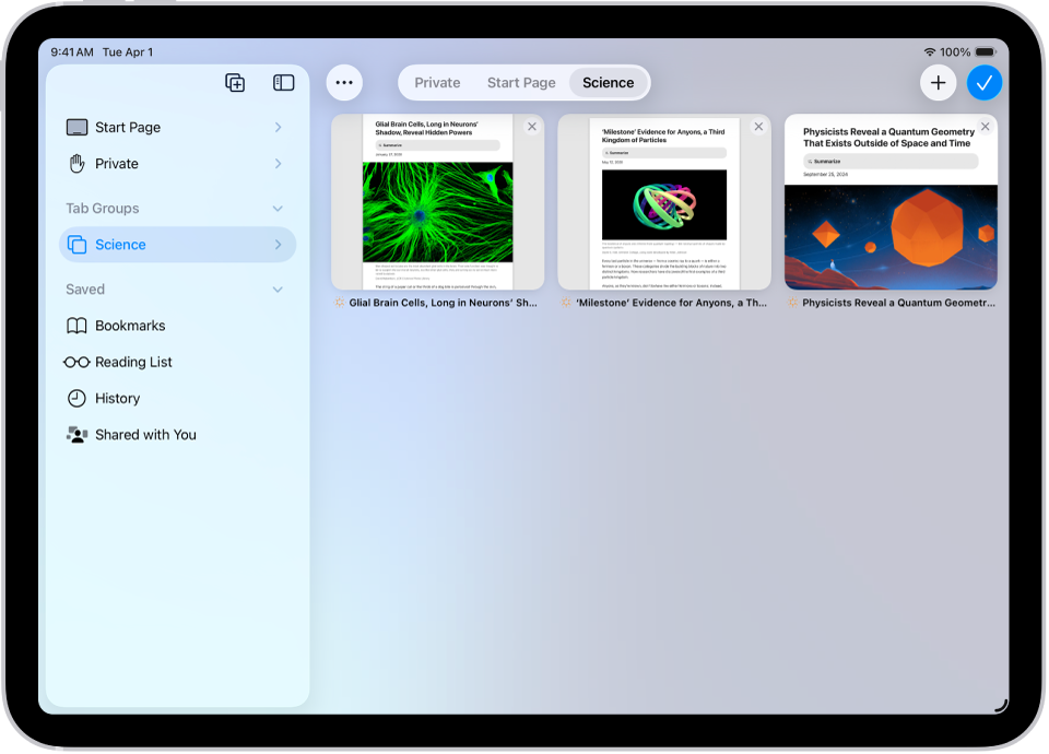 V Safari je vybrána skupina panelů pro vědu; zobrazují se tři náhledy otevřených panelů