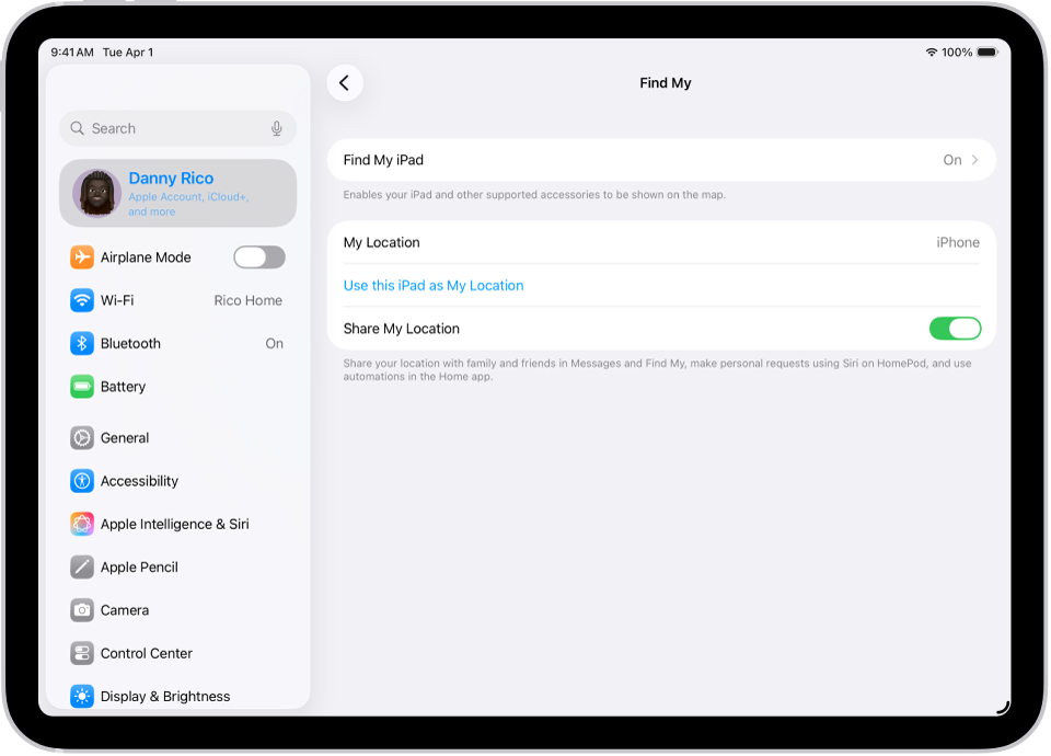 Obrazovka nastavení aplikace Najít s volbami pro zapnutí funkcí Najít iPad a Sdílet moji polohu.