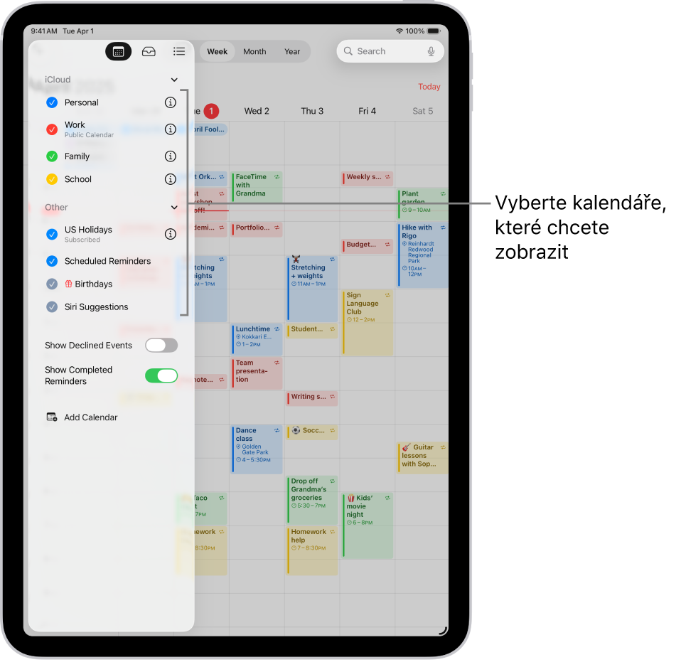 Seznam kalendářů s aktivními kalendáři označenými zaškrtnutím. V pravém horním rohu je vidět tlačítko Hotovo, jímž lze seznam zavřít V levém dolním rohu se nachází tlačítko Přidat kalendář.