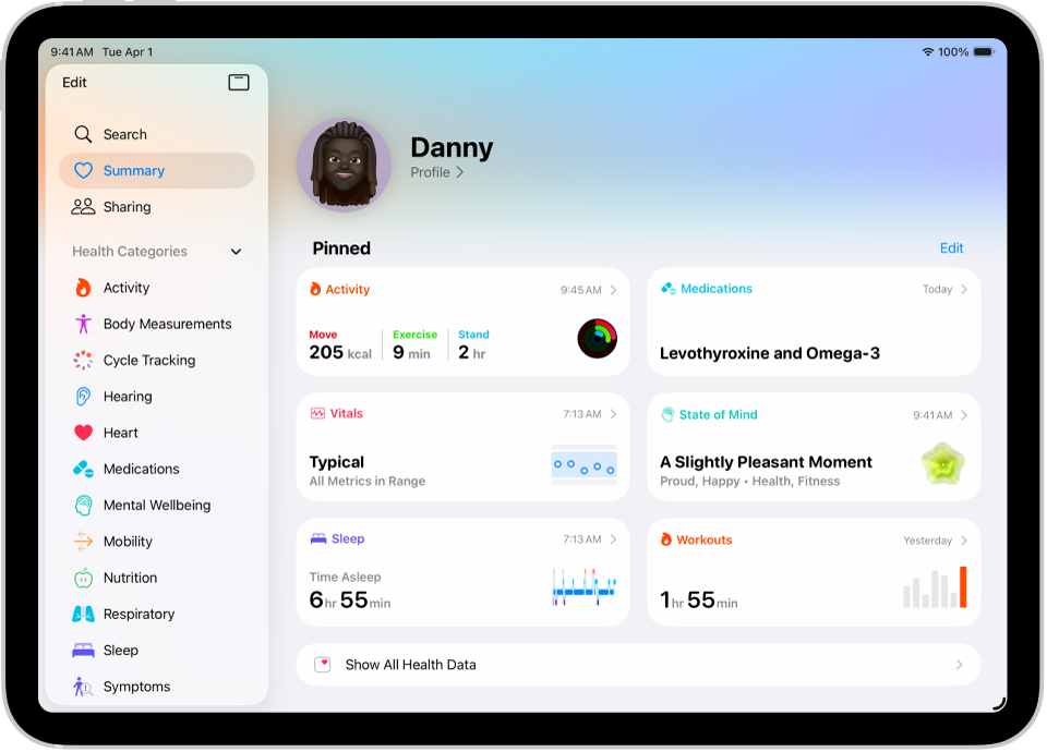 Der Bildschirm „Übersicht“ in der App „Health“. Informationen über Aktivität, Medikamente, Vitalzeichen, Gemütszustand, Schlaf, Herzfrequenz und Trainings werden unter „Angepinnt“ angezeigt.