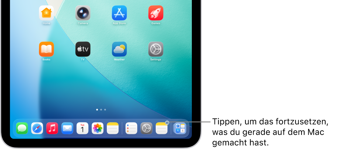 Das Symbol „Handoff“ ist im Dock auf einem iPad sichtbar.