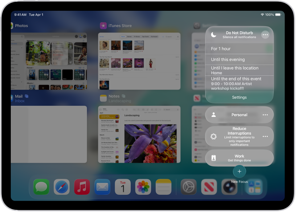 Control Center showing options for how long to leave on Do Not Disturb—the options are “For 1 hour,” “Until this evening,” “Until I leave this location,” and “Until the end of this event.”