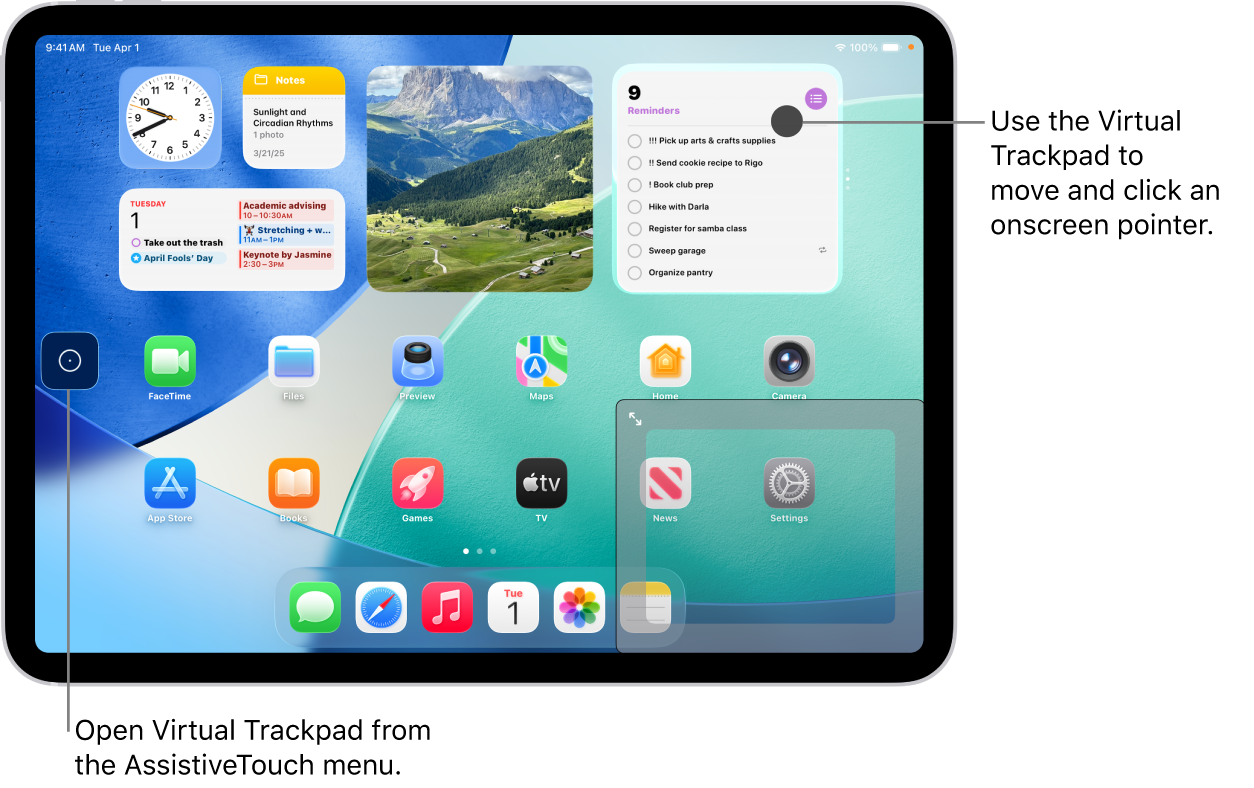 An iPad with a virtual trackpad displayed in the corner of the screen. Also on the screen are the AssistiveTouch menu (which is used to open the trackpad) and the pointer (which is controlled by the trackpad).