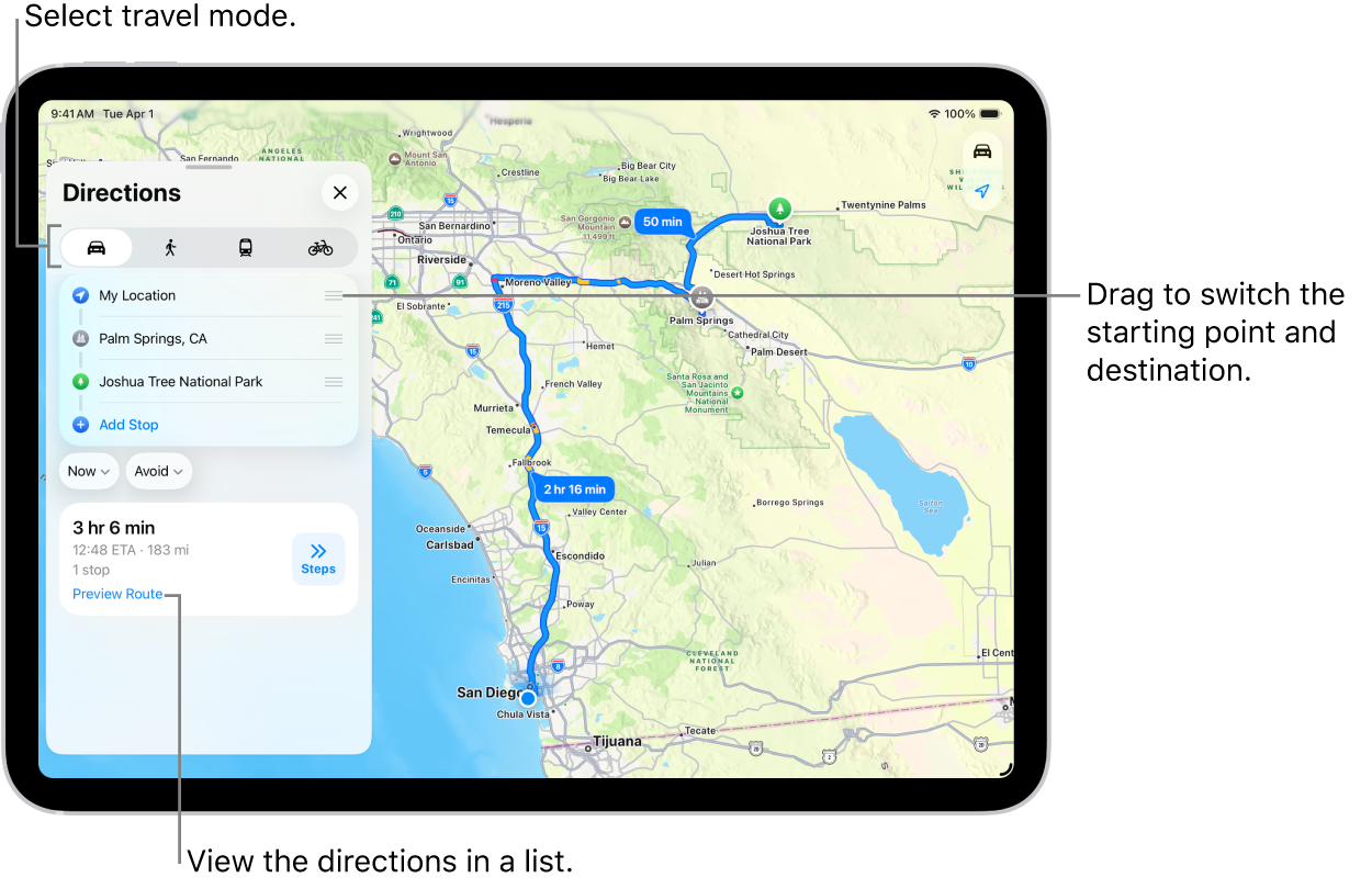 A map with several possible routes for driving directions between My Location and a destination.