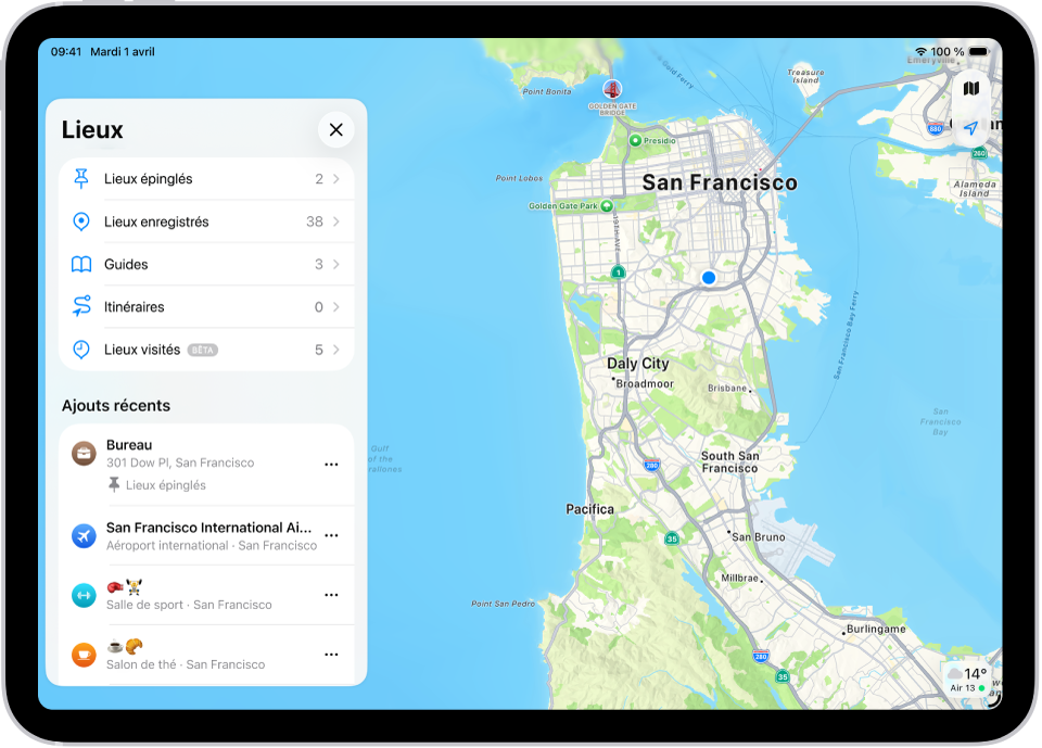 L’écran Lieux de Plans, montrant la liste des catégories de lieux, comme Épinglés, Lieux enregistrés et Guides. En dessous, la section « Ajouts récents » indique les lieux consultés.