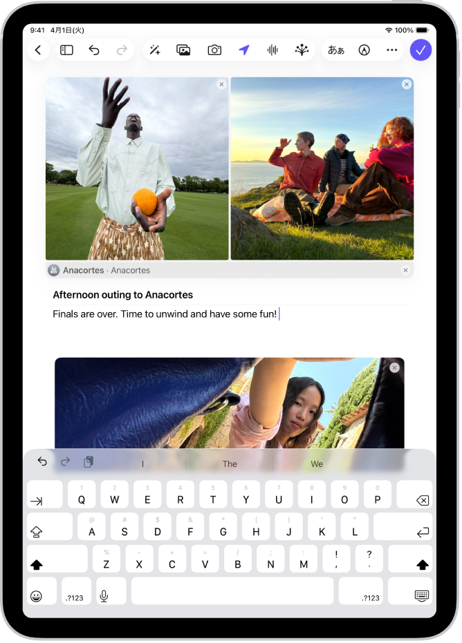 ジャーナルアプリで、写真と作成中のエントリーが表示されている画面。