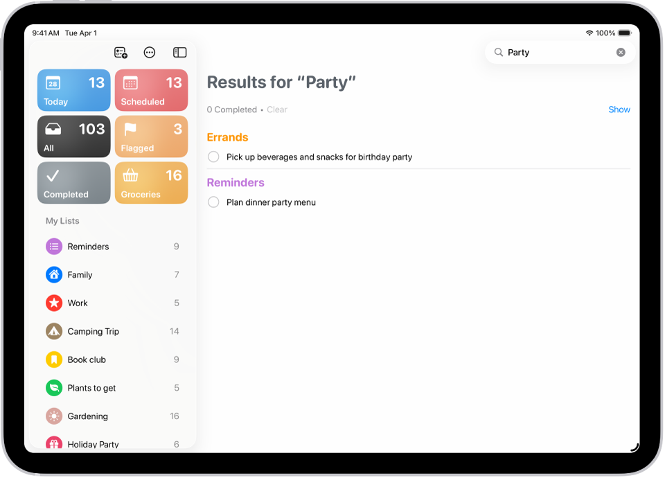 미리 알림 앱의 검색 결과에 ‘파티’라는 단어가 포함된 작업이 표시됨.