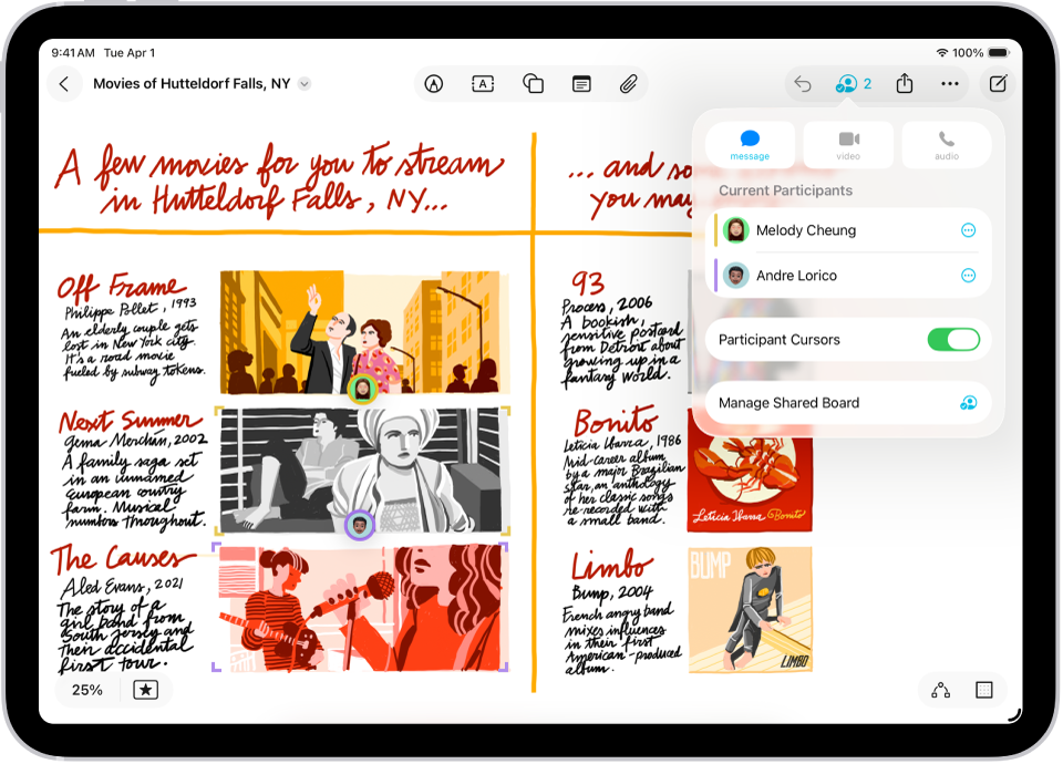 En Freeform-tavla med två andra deltagare vars val markeras med färgade bockmarkeringar.