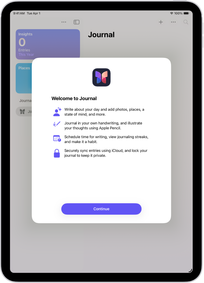 Günlük uygulaması için hoş geldiniz ekranı.