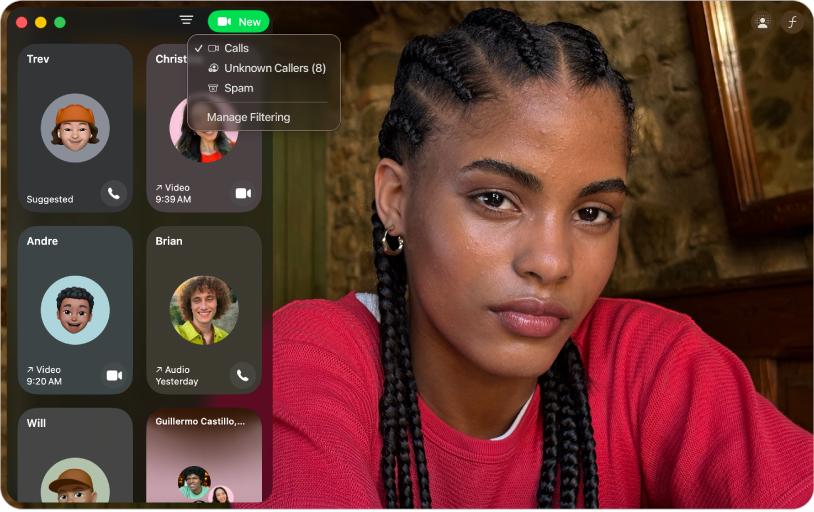 Une fenêtre FaceTime qui affiche l’historique des appels. Le menu pour filtrer les appels est ouvert en haut au centre de l’écran.