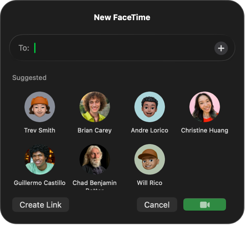 Une fenêtre « Nouvel appel FaceTime », affichant les options permettant de créer un lien ou de lancer un appel FaceTime.