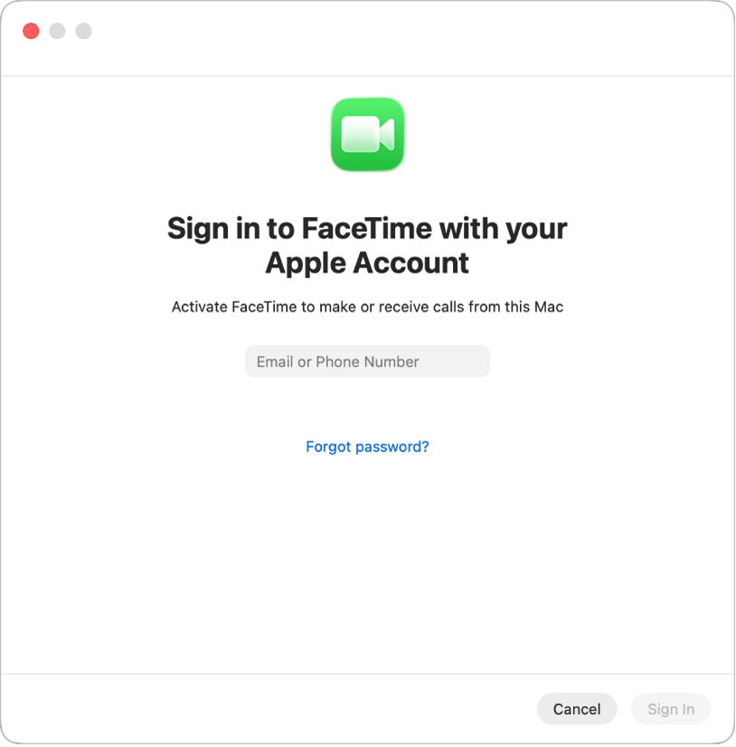La finestra di accesso a FaceTime mostra un campo per inserire un indirizzo email o un numero di telefono.